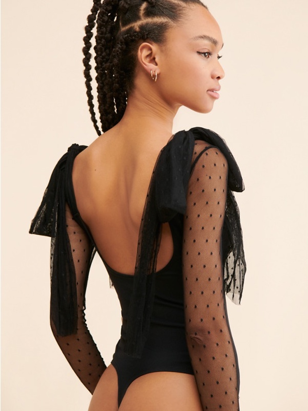 Free People Black Sheer Polka Dot Bow-Shoulder Bodysuit
